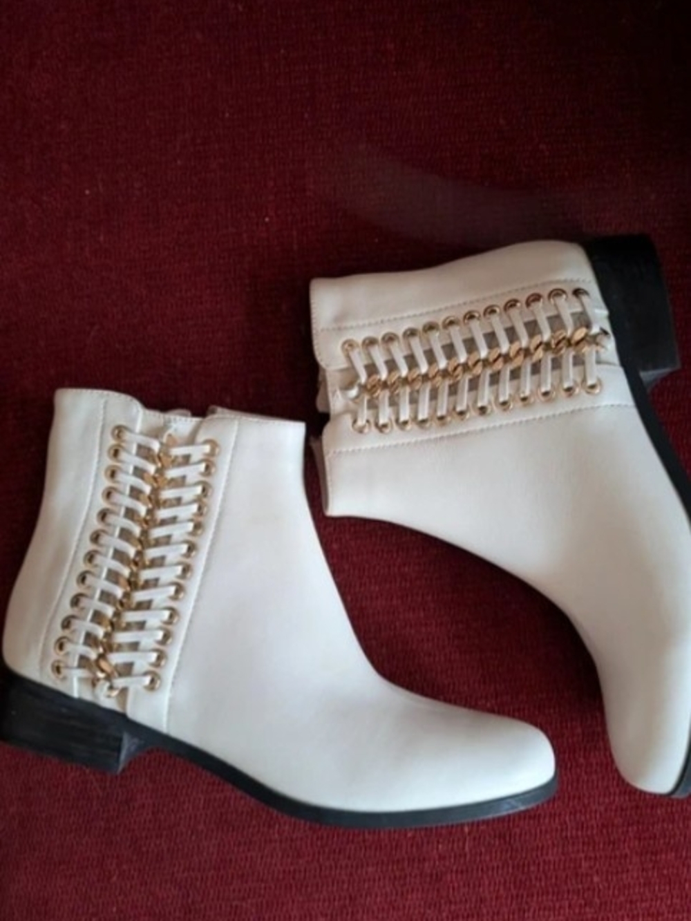 Vaneli White Ankle Boots with Gold Chain Detail